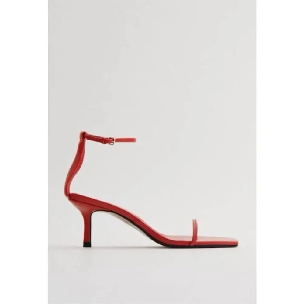 ZARA Red Leather Strappy Heels Square Toe Ankle Strap Sandals EU 42 US 11 - Picture 2 of 11
